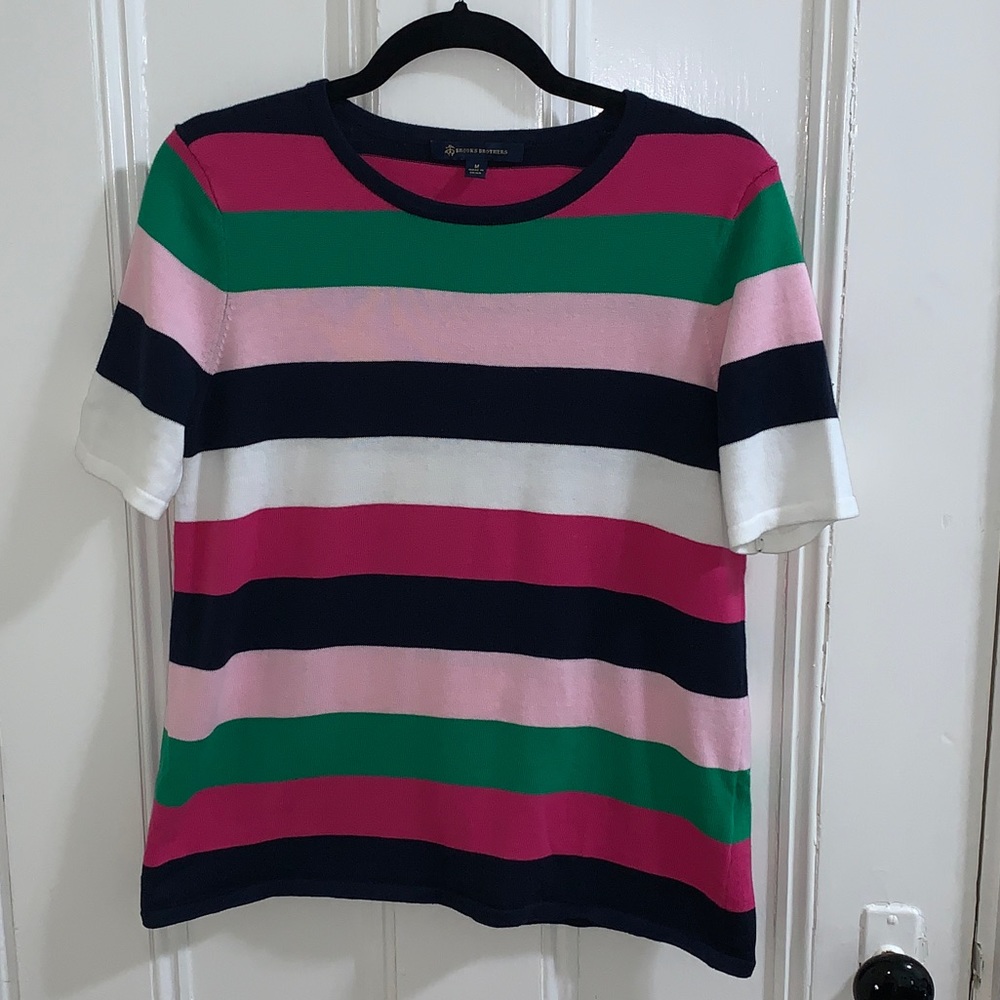 Brooks Brothers Striped Top, Women’s Medium, Pink, Green, White, Black Stripes
